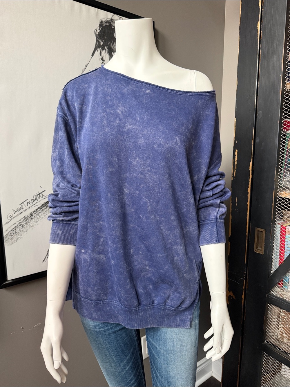 Rebellious One Washed Indigo Off-Shoulder Sweater